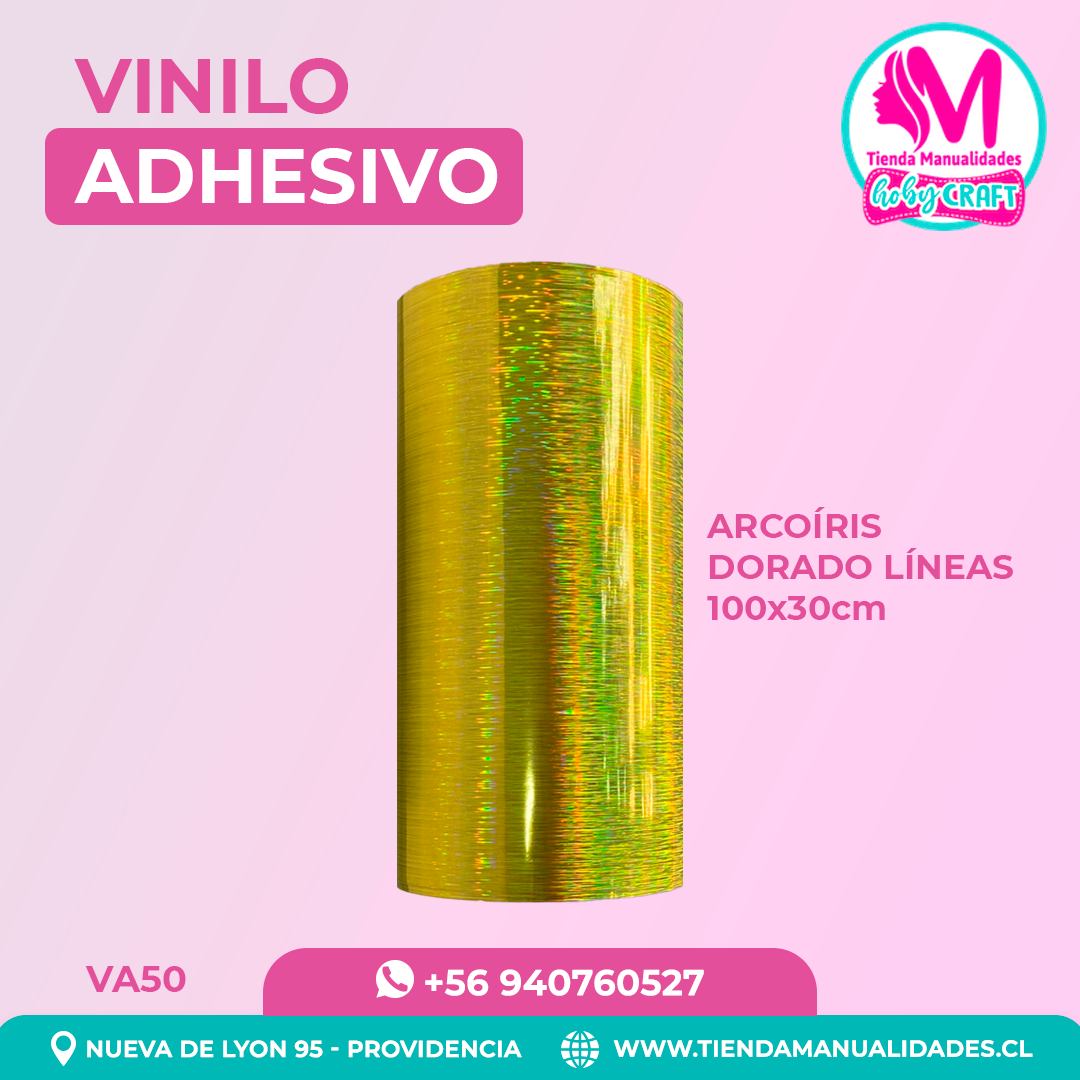 VA50 Vinilo Adhesivo Holográfico Arcoíris Dorado Líneas 100x30cm