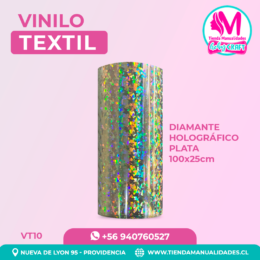 VT10 Vinilo Textil Diamante Holográfico Plata 100x25cm