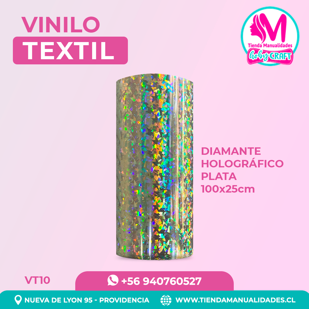 VT10 Vinilo Textil Diamante Holográfico Plata 100x25cm
