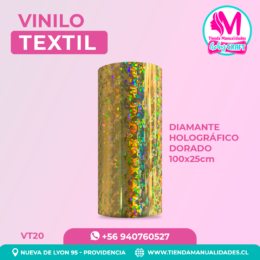 VT20 Vinilo Textil Diamante Holográfico Dorado 100x25cm