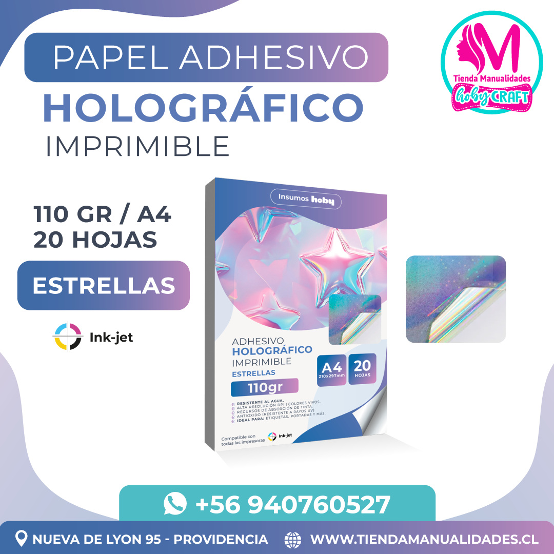 PH25 Papel Adhesivo Holográfico Imprimible Estrellas Hoby - A4 110gr (20 hojas)- Entrega inmediata
